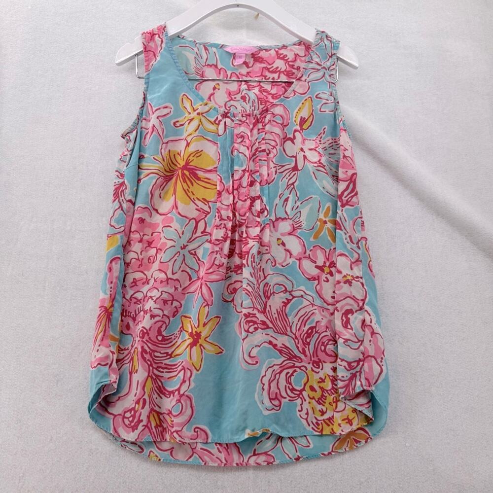 Women’s Lilly Pulitzer 100% Silk Tank Top Size XS Blue & Pink Floral